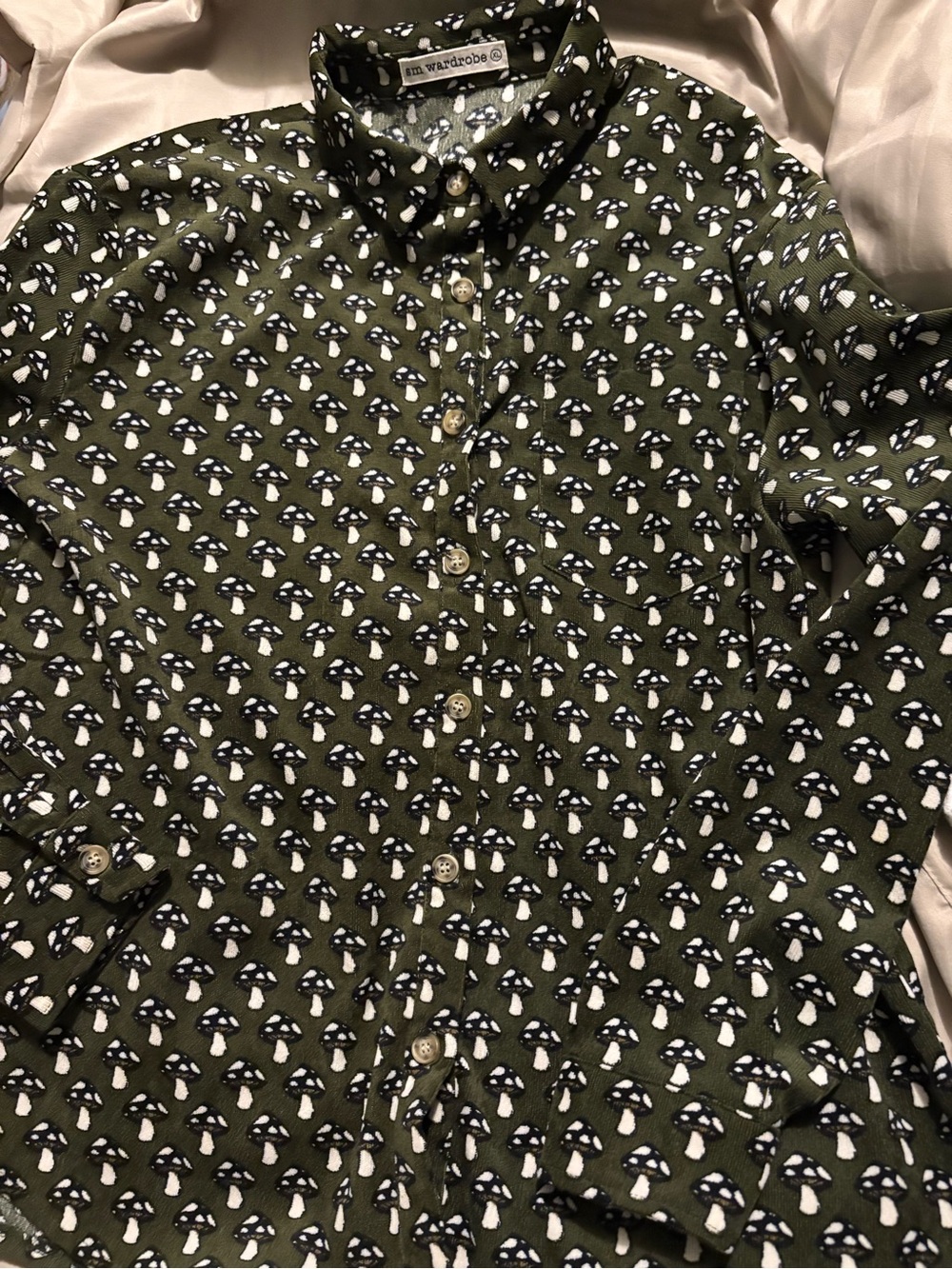 Wardrobe Olive Green Mushroom Print Button-Up Shirt
